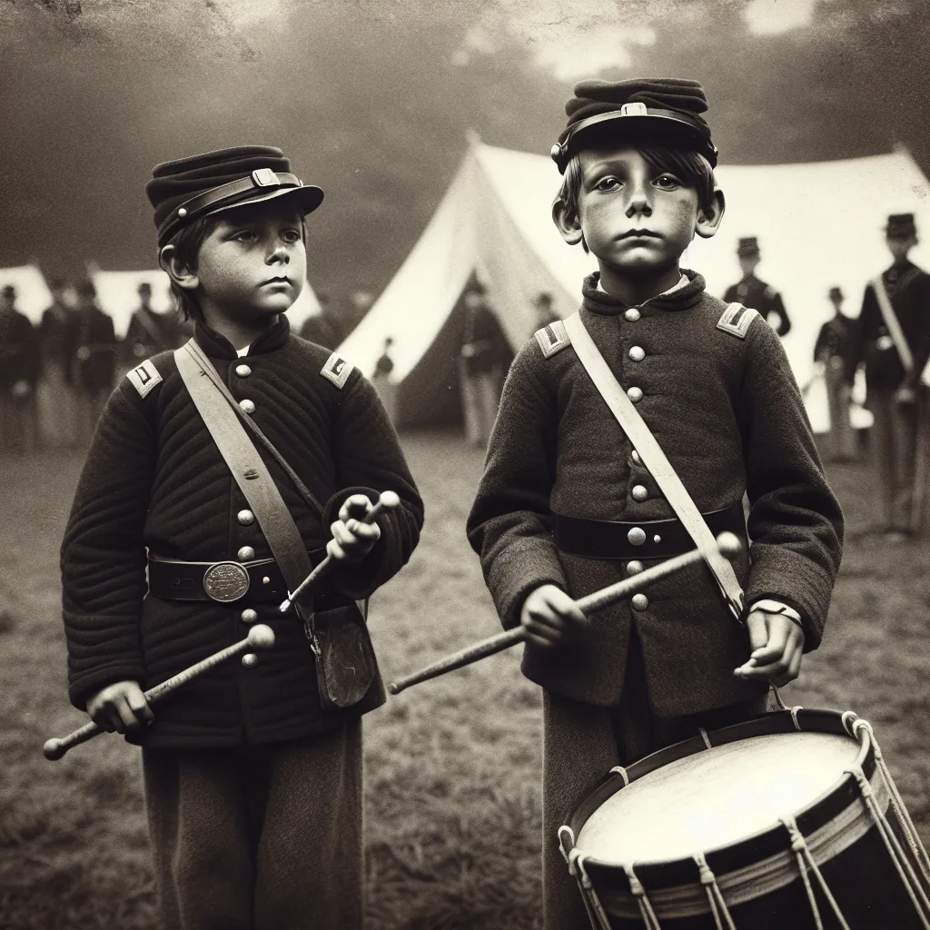 The image features two young Confederate drummer boys from the American Civil War, standing in uniform. One boy holds a drum, while the other has a drumstick raised. They are dressed in period military attire, complete with caps and jackets. The background appears to be a military camp setting, highlighting the historical context of their roles in the war. The photograph is black and white, capturing the somber yet poignant depiction of youth in wartime.