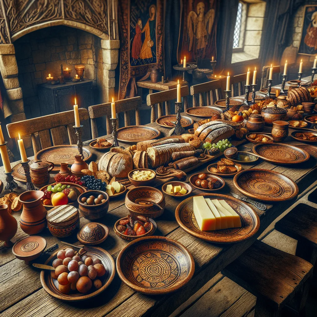 Illustration of historical trenchers, wooden plates used in medieval dining, arranged on a rustic table filled with food.