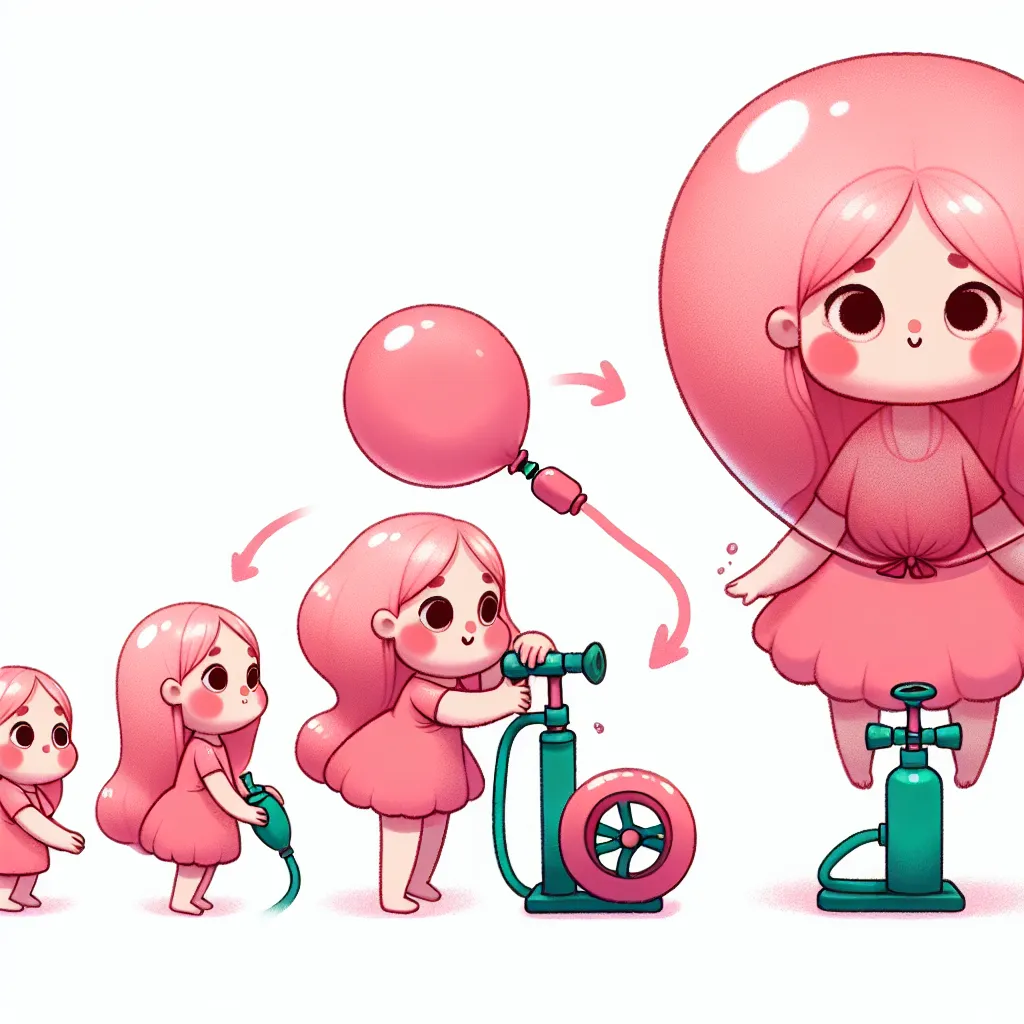 Illustration of a fantastical pink-skinned rubber girl holding an air pump, with stages showing her expansion into a giant balloon and then deflating back to her normal size.