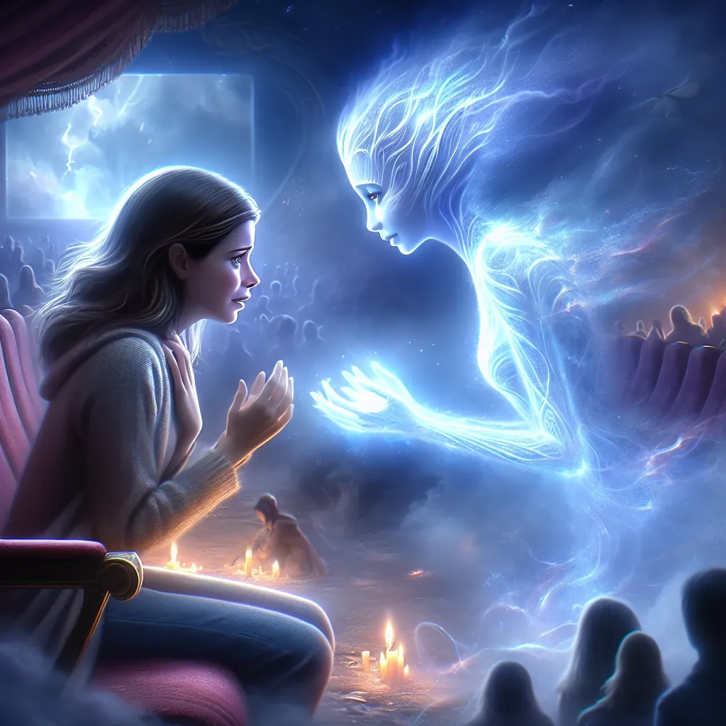 **Image Description:** A heartfelt scene depicting Musa, in her Enchantix transformation, standing in a magical, ethereal space. She is surrounded by a soft glow as she converses with the spirit of her mother, whose gentle expression conveys both love and sorrow. In the background, a faint hint of the cinema can be seen, symbolizing her friends waiting for her. The atmosphere is filled with emotion, capturing the bond between mother and daughter.