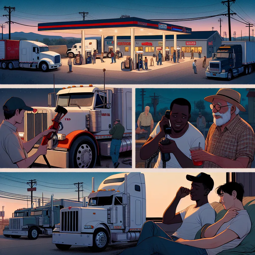 **Image Description**: A bustling truck refueling station in Arizona at dusk, featuring a variety of truck models including a shiny Peterbilt 362, a classic Kenworth K124, and a modern Volvo. A group of truckers gathers outside the gas station, sharing stories and laughter. In the foreground, a young trucker named Peter fills up his Peterbilt while listening to the conversations around him. 

**Dialogue:**
- **Trucker 1**: "Hey, you youngster! Come here! Heard you took care of those bandits."
- 