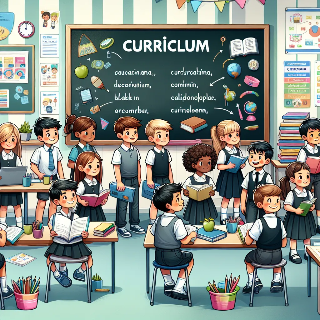 Illustration of a classroom with children engaged in various learning activities, accompanied by a chalkboard displaying the definition of "curriculum" in a child-friendly format.