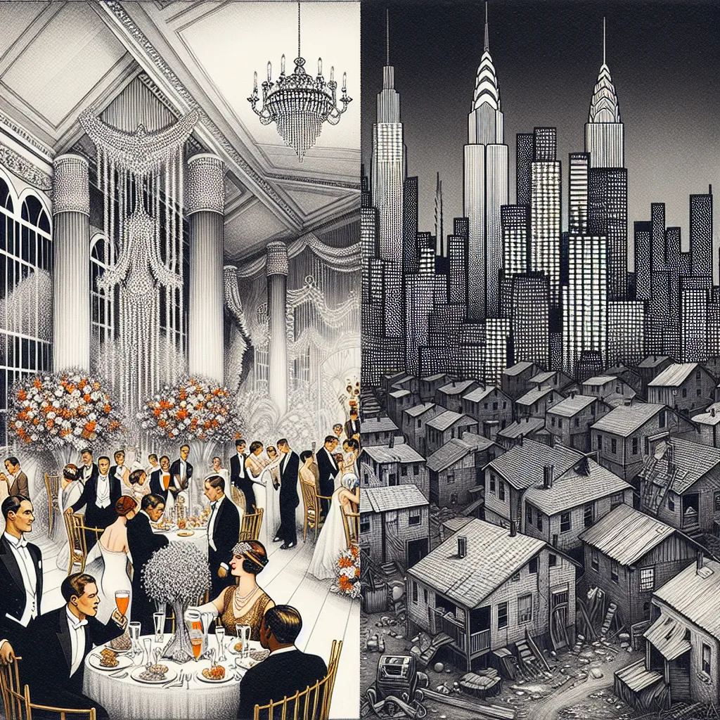 To illustrate this comparison, the image could depict a split scene: one side showing a lavish 1920s party reminiscent of "The Great Gatsby," filled with opulence and extravagance; the other side showing a modern cityscape with stark contrasts—skyscrapers beside areas of poverty, symbolizing current income inequality. The image emphasizes the ongoing themes of wealth, social mobility, and the American Dream.