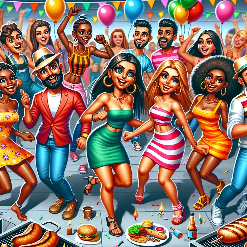 Illustration of a vibrant party scene featuring a diverse group of inflated cartoon-style women dancing joyfully, with a few inflated men enjoying the celebration in the background. The atmosphere is lively, with colorful balloons and a festive vibe inspired by the "Skol 360 - Churrascabilidade" theme.