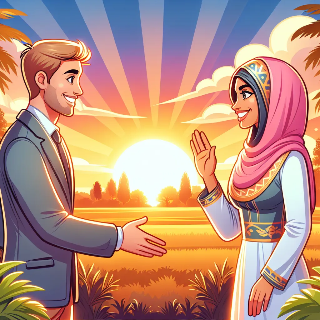 An illustration of two people meeting for the first time in a picturesque park during a vibrant sunset, with smiles on their faces.