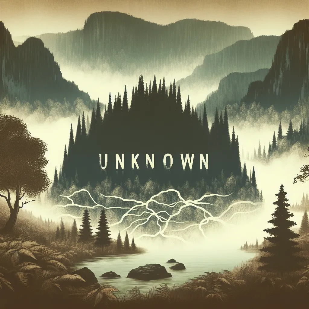 Artistic illustration of a mysterious foggy landscape with the word "Unknown" subtly integrated into the design.