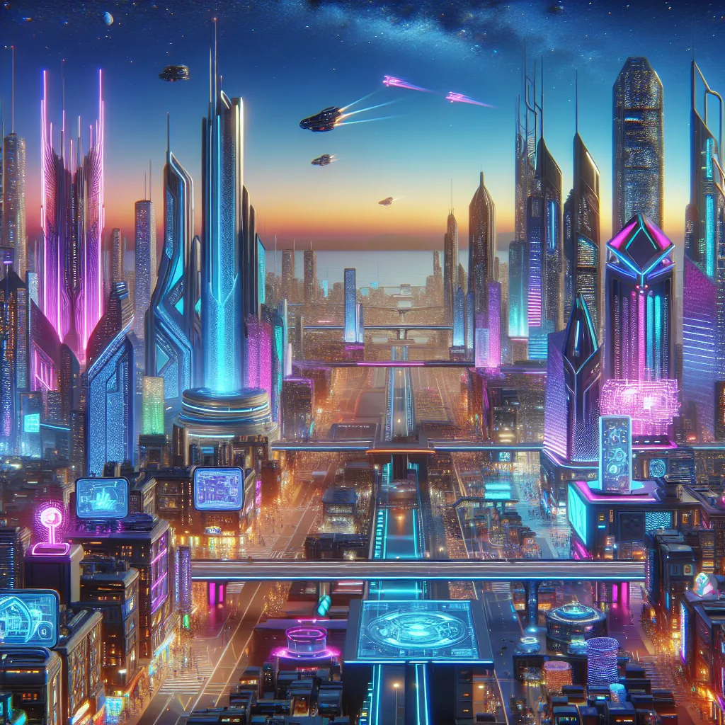 A vibrant 3D computer-generated image showcasing a futuristic cityscape with intricate architecture and dynamic lighting.