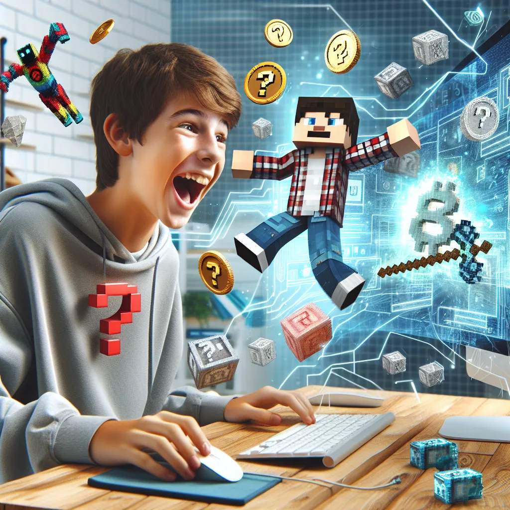 Illustration of a young gamer excitedly playing Roblox on a computer, with a stylized question mark and images of Robux surrounding them.