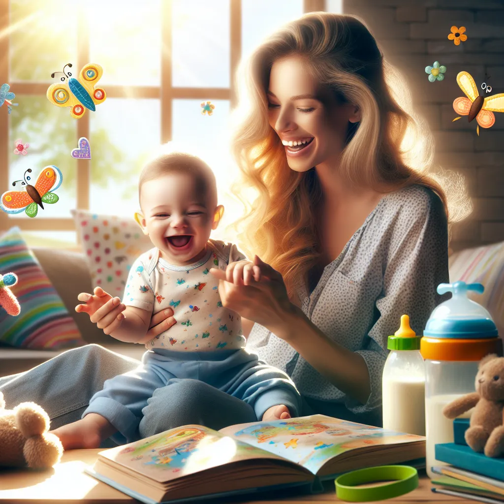 Illustration of a cozy scene featuring Chi-Chi playfully changing Gohan's diaper, with colorful insects and books scattered around. Chi-Chi is smiling as she tickles Gohan, who is giggling happily. In the background, gentle sunlight filters through a window, creating a warm atmosphere. After playtime, depict Chi-Chi cradling Gohan, who is peacefully asleep, a bottle of milk nearby.