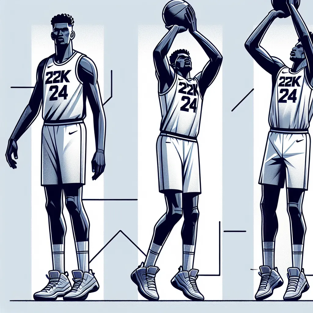 Illustration of a 6'9" basketball player in a dynamic pose, showcasing a mid-range shot, driving dunk, and defensive stance, wearing a modern jersey with "2K24" branding.