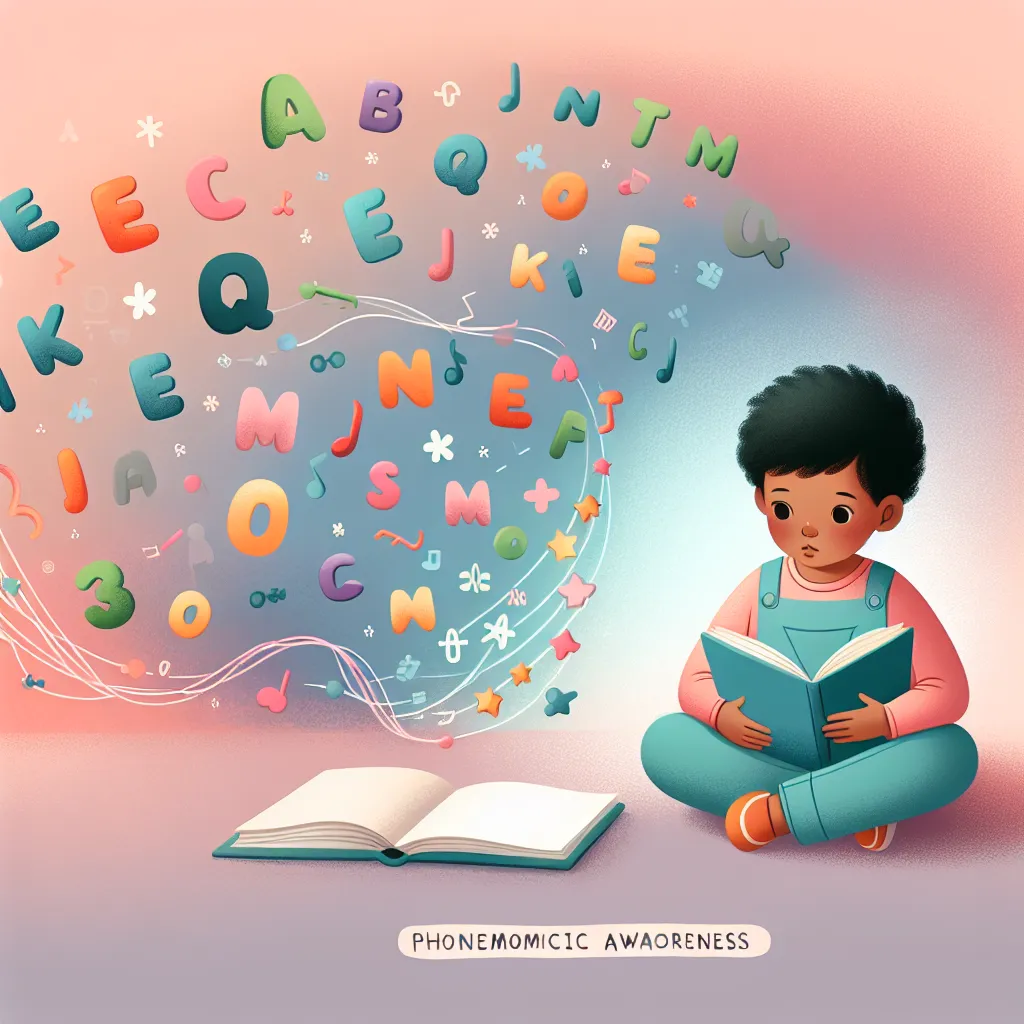 Illustration of a child reading with letters floating around, highlighting sound recognition, with caption: "Phonemic awareness: the foundation of early reading skills."