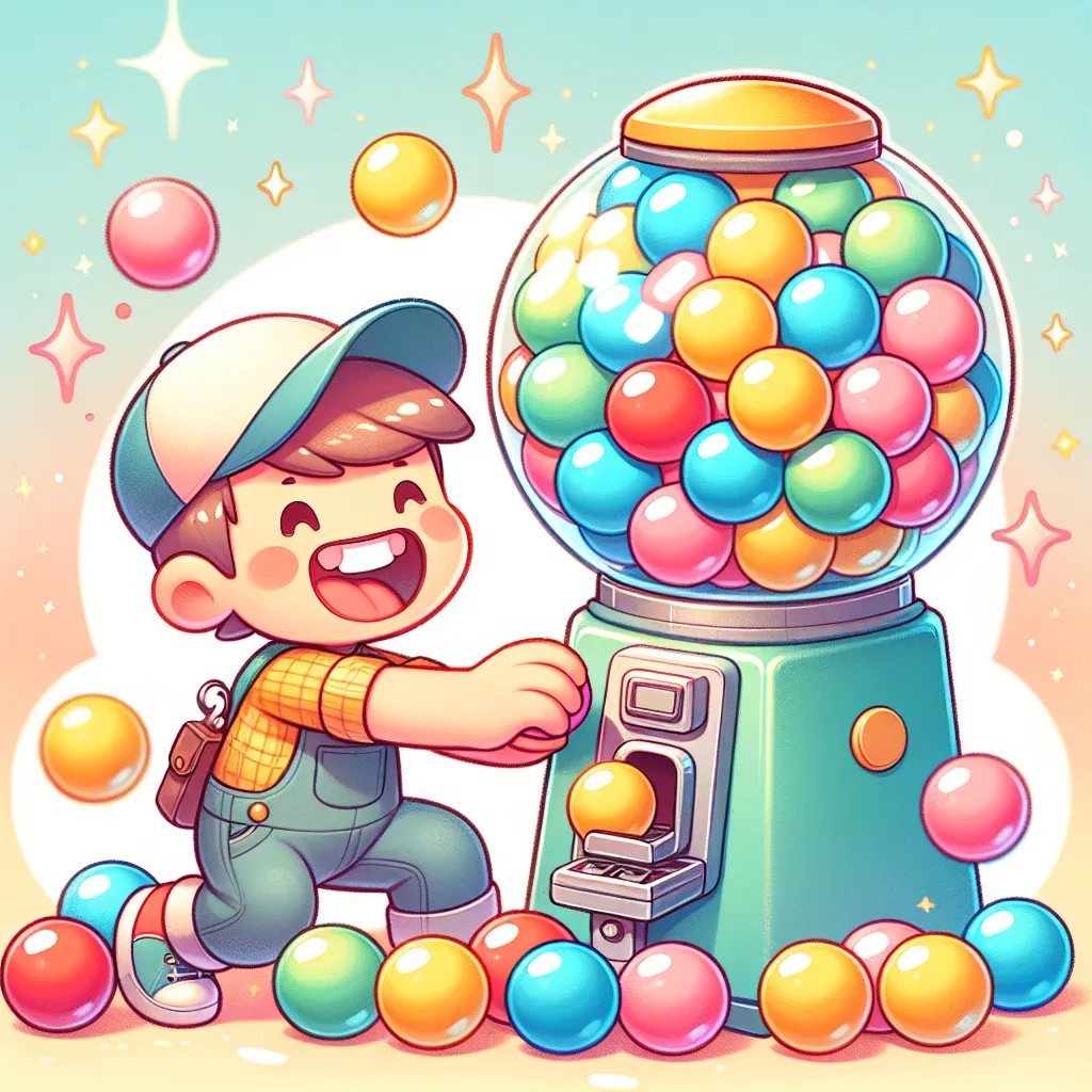 Whimsical cartoon illustration of a colorful gumball machine surrounded by vibrant gumballs, with a cheerful character eagerly reaching for a gumball.