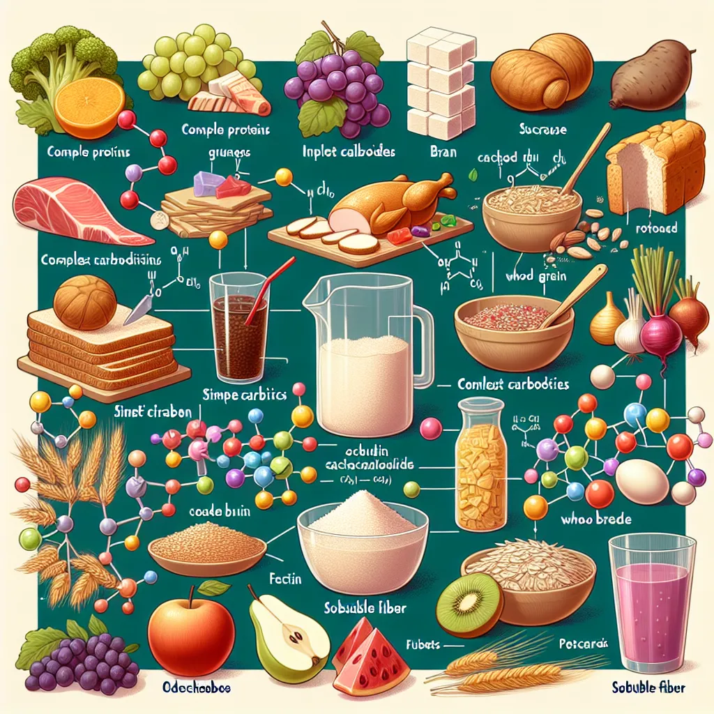 Illustration of various food items categorized by nutritional content:

- **Complete Proteins**: Chicken, fish, and eggs.
- **Incomplete Proteins**: Beans, nuts, and whole grains.
- **Simple Carbs**: Candy, soda, and fruit.
- **Saccharides**: Molecular model icons of glucose, fructose.
- **Glucose**: Grapes and bread.
- **Sucrose**: Sugar cubes and beet.
- **Fructose**: Apple slices and honey.
- **Complex carbs**: Oats, pasta, and potatoes.
- **Dietary Fiber**: Vegetables, whole fruits.
- **Cell