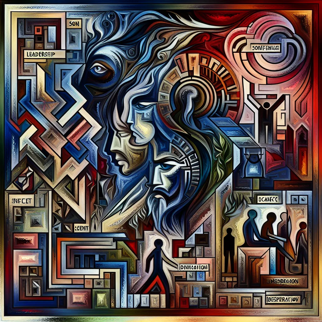 CEO, Hijo, Conflicto, Identidad, Desesperación in an abstract style