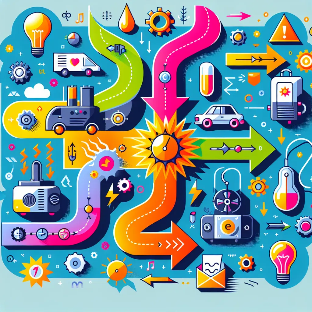 Illustration showing various forms of energy transfer, with arrows indicating mechanical energy transforming into heat, sound, and light in a colorful infographic style.