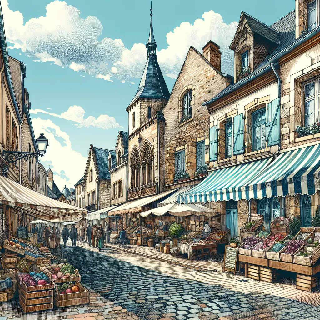 A detailed illustration of the old town of Aбиورد, featuring traditional architecture, narrow cobblestone streets, and vibrant market stalls under a clear blue sky.