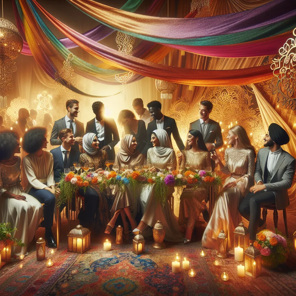 Image of a beautiful silk ceremony with friends gathered together, elegantly dressed, surrounded by colorful decorations and soft lighting, celebrating a special occasion.
