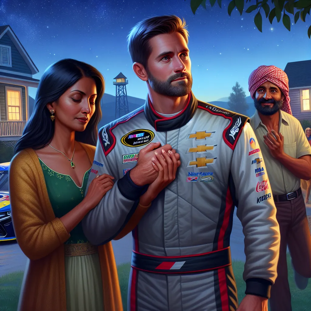 **Image Description:** A scene showing a NASCAR driver in racing gear, standing with a thoughtful expression under a starry sky in a quaint village town. Nearby, a young woman holds his hand, while a cheerful friend stands beside them. In the background, a simple cottage and the fading glow of a race car can be seen, symbolizing his choice to embrace a new life over fame.