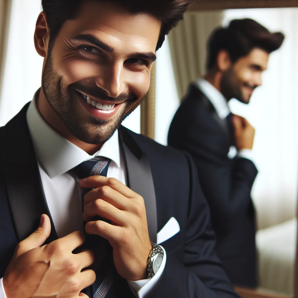 Imagen de un hombre sonriendo malévolamente frente a un espejo mientras se ajusta la corbata de un elegante traje de novio.