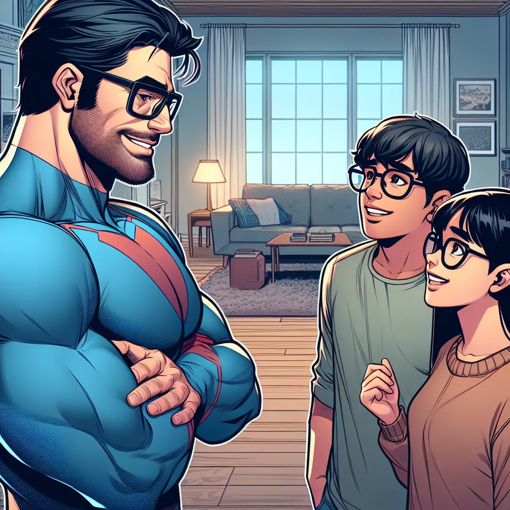 Imagen de Clark Kent (Superman) con dos jóvenes nerds en un entrañable escenario familiar en la sala de su casa, mostrando un ambiente acogedor y tranquilo antes de la transformación en Ultraman.