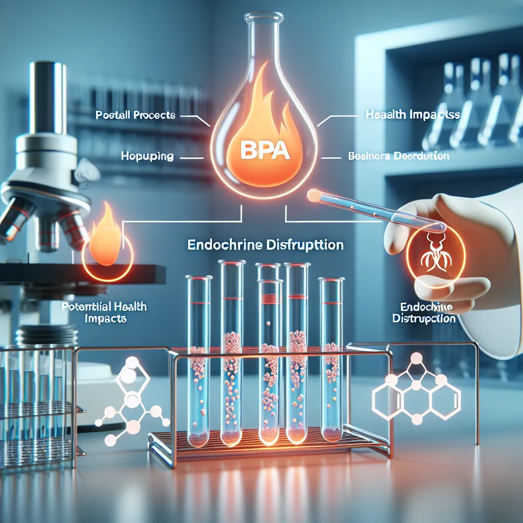 Image of a laboratory setup showing BPA molecules being heated in a test tube, with visual representations of potential health impacts, such as endocrine disruption effects illustrated alongside the equipment.