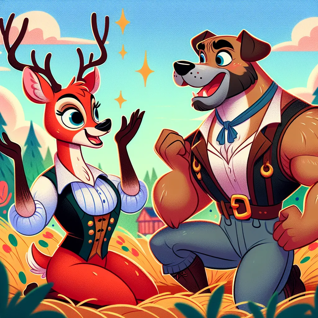 Illustration of two animated characters: a charismatic red deer in retro attire (Alastor) and a tough, muscular dog (Striker), engaged in a lively conversation surrounded by a colorful, chaotic background.