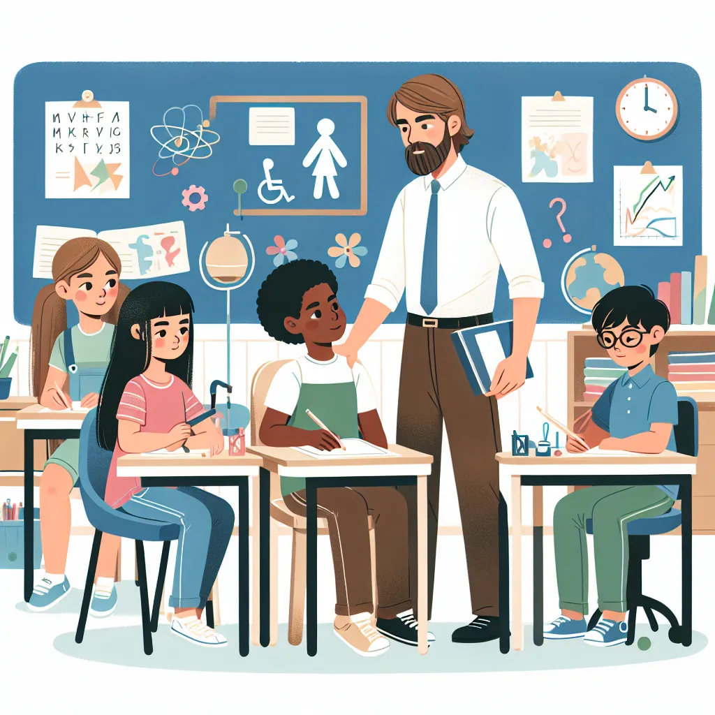 Illustration of a mentor teacher gently guiding students in a classroom, showcasing adaptive tools and group activities to support diverse learning needs.