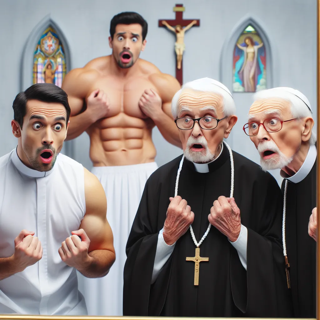 Aquí tienes una breve descripción para una imagen que acompañe la historia:

**Descripción de la imagen:** Una escena cómica donde tres sacerdotes de edad avanzada, con expresiones sorprendidas, se miran en un espejo, admirando sus nuevos cuerpos musculosos y atractivos. Al fondo, tres actores de apariencia fit, visiblemente aterrados, intentan adaptarse a su nuevo entorno, todos en una habitación decorada con elementos eclesiásticos.