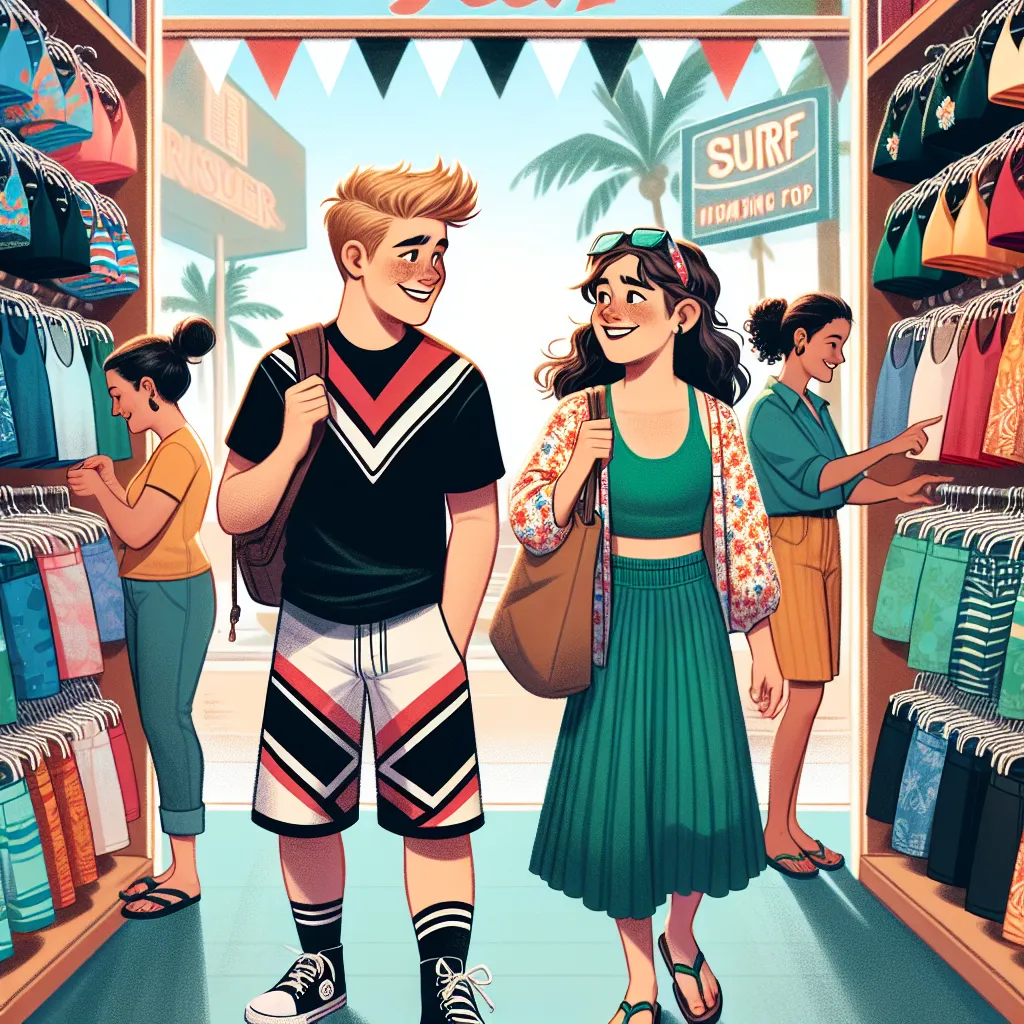**Title: A Surprising Mix-Up at the Surf Store**

As summer drew near, siblings Jake and Emma eagerly accompanied their mother to the local surf store to pick out new bathing suits. The store was filled with vibrant colors and cool styles, and it didn’t take long for Jake to settle on sleek black and red racing shorts. Emma, on the other hand, was thrilled with a stunning emerald green bikini that accentuated her figure beautifully.

After their mother praised their choices, the siblings slipped