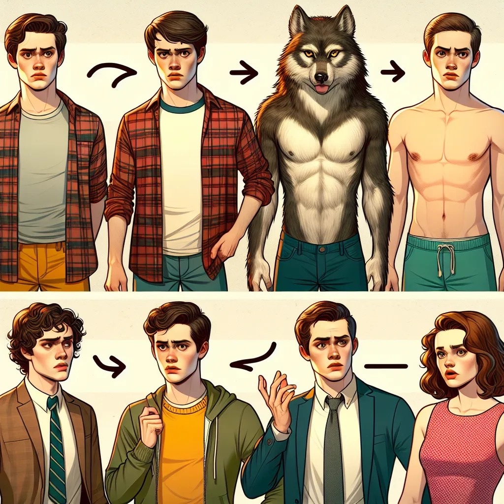 Body-swap, Teen-Wolf, Stiles, Jackson, Lydia in the style of Pablo Picasso