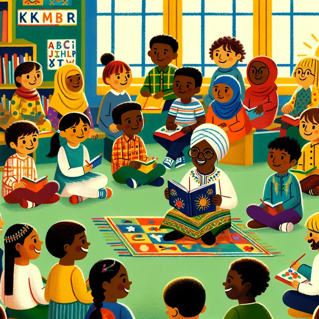 Illustration of a vibrant classroom scene with a teacher reading aloud to engaged grade R learners, surrounded by colorful children's books, showcasing the joy of storytelling and the development of literacy skills.