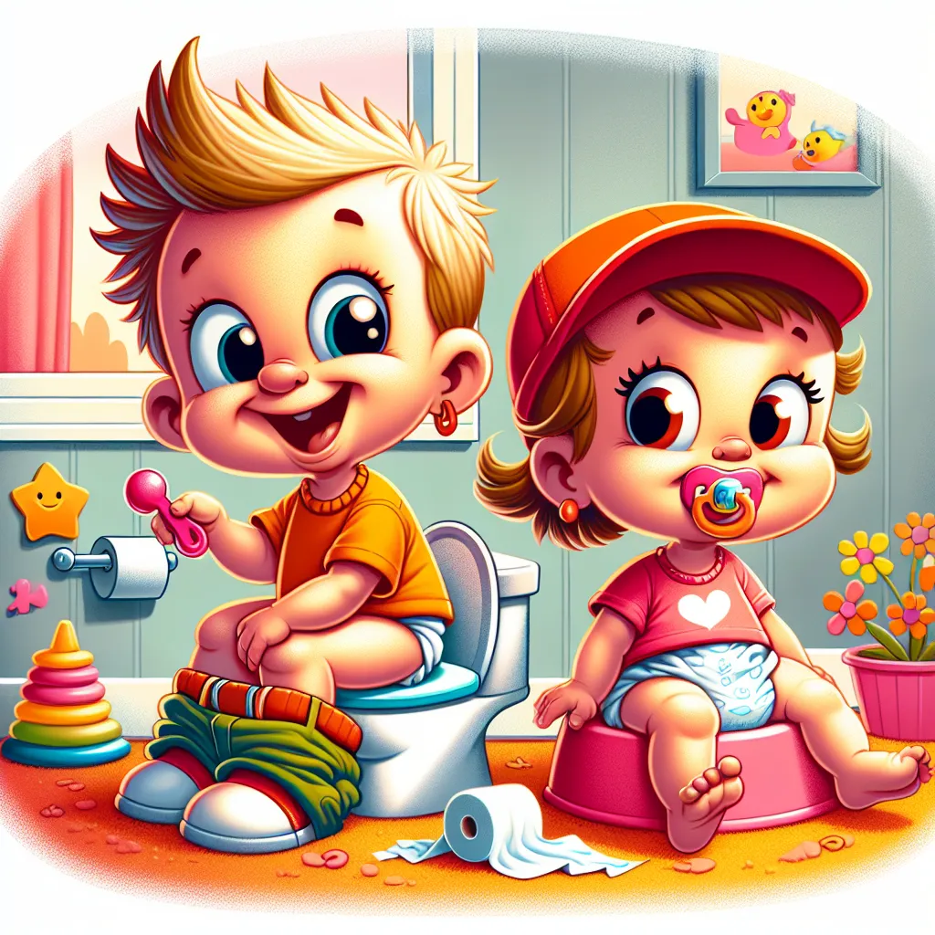 Illustration of Bart and Maggie Simpson in a whimsical scene, with Bart awkwardly sitting on a small pink potty while Maggie playfully watches, dressed in Bart's signature cap and shirt, surrounded by colorful toys and scattered diapers.