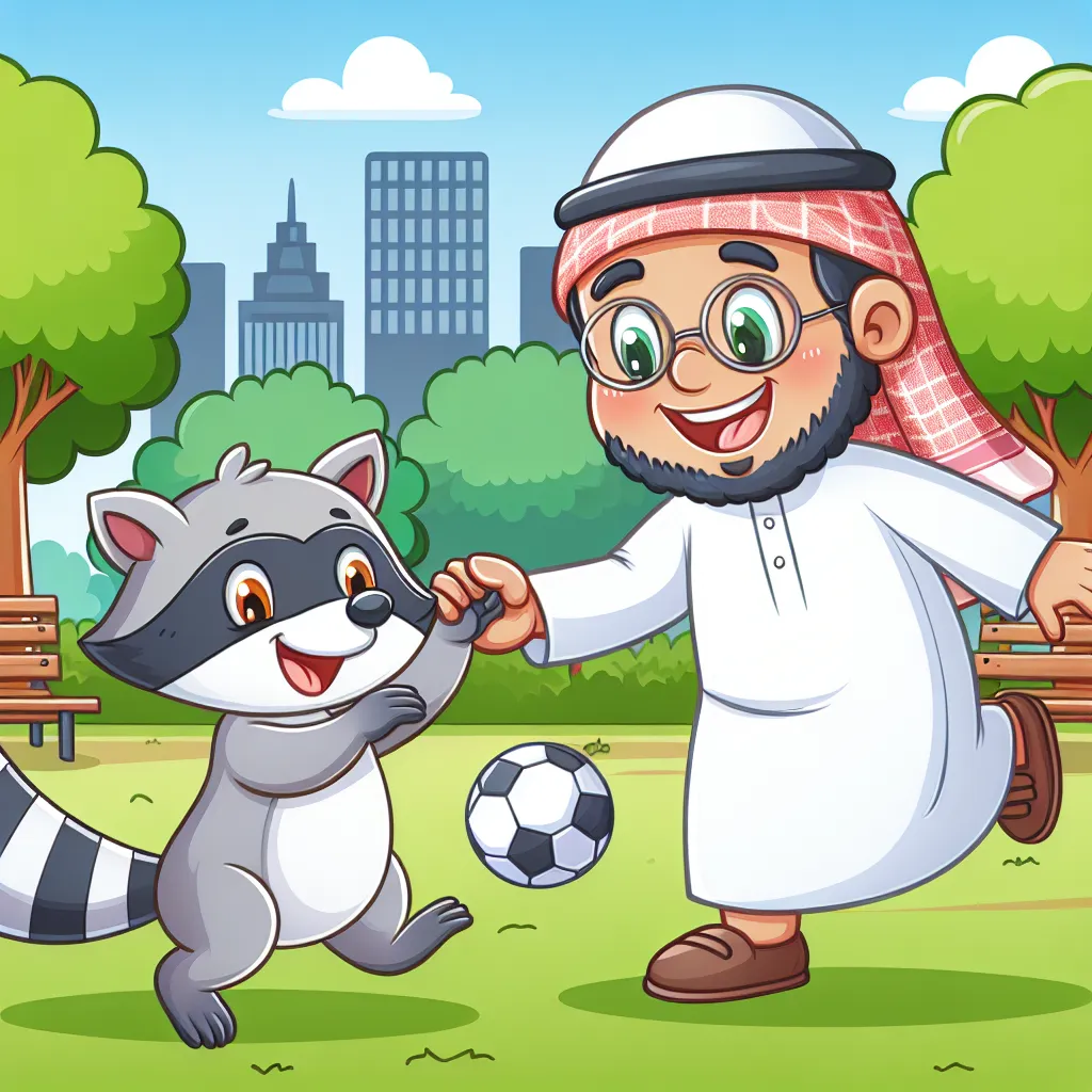 Cartoon illustration of a playful raccoon engaging in friendly competition with a person, both smiling and having fun in a park setting.