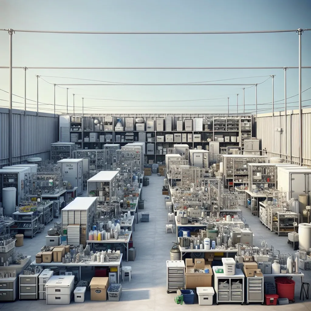 Photo of a neatly organized outdoor storage area with labeled containers and equipment, covered to prevent contamination from runoff.