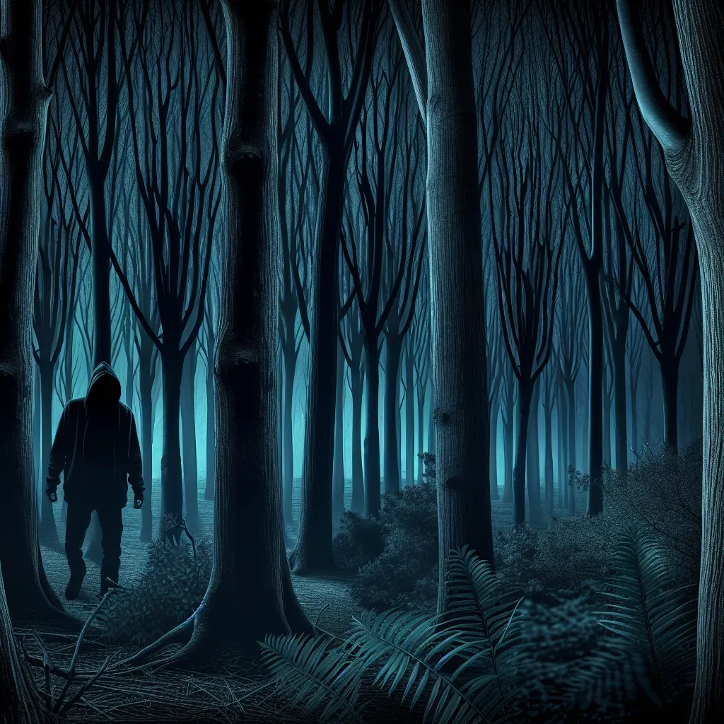 Illustration of a mysterious, dark forest with a masked figure lurking, capturing the eerie atmosphere of a classic horror film.