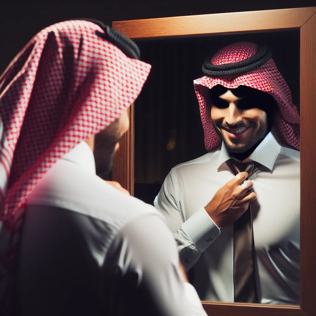 Imagen de un hombre frente al espejo, sonriendo maliciosamente mientras se ajusta una corbata de traje de novio, reflejando un cambio siniestro en su identidad.