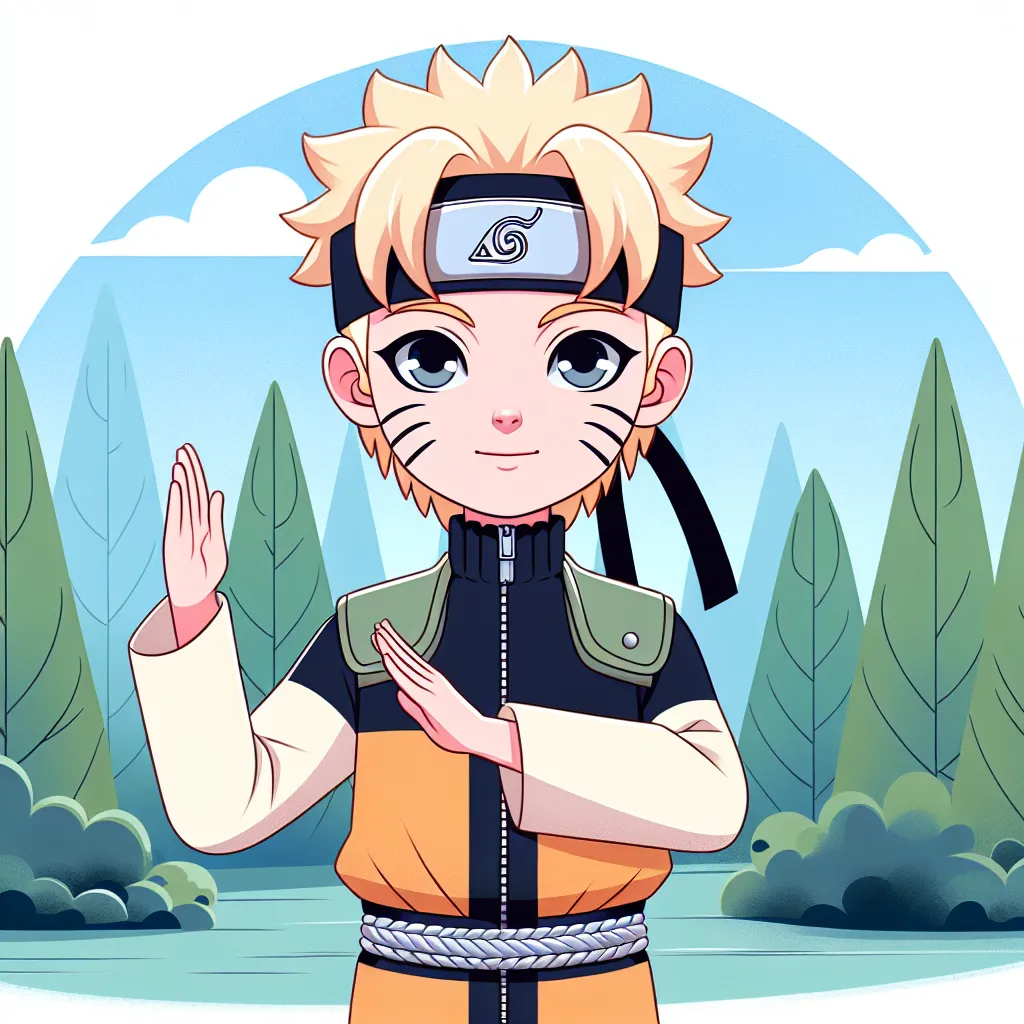 Ilustrasi Naruto yang mengenakan pakaian mirip Kurenai, lengkap dengan riasan wajah dan gaya berjalan yang anggun, sementara dia berlatih berbicara dengan suara lembut. Latar belakang menampilkan hutan Konohagakure untuk memberikan nuansa petualangan.