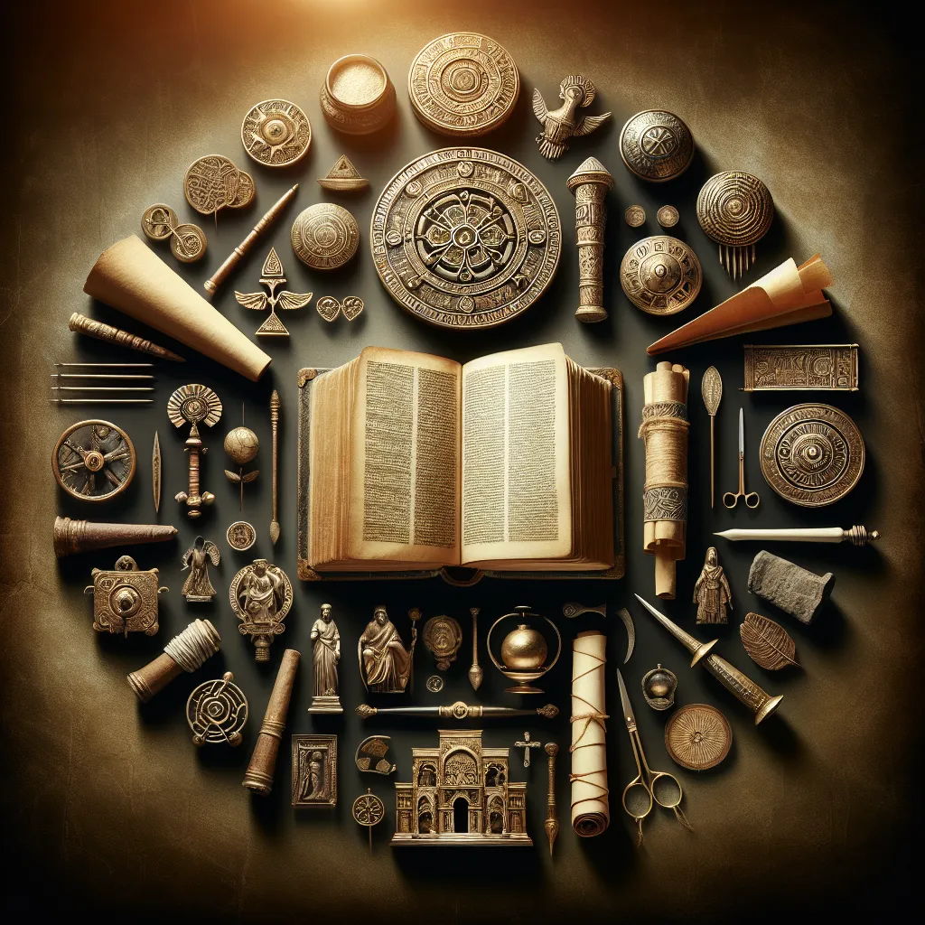 Image of an open book surrounded by various historical artifacts and ancient scrolls, symbolizing the exploration of religious texts and their historical context.