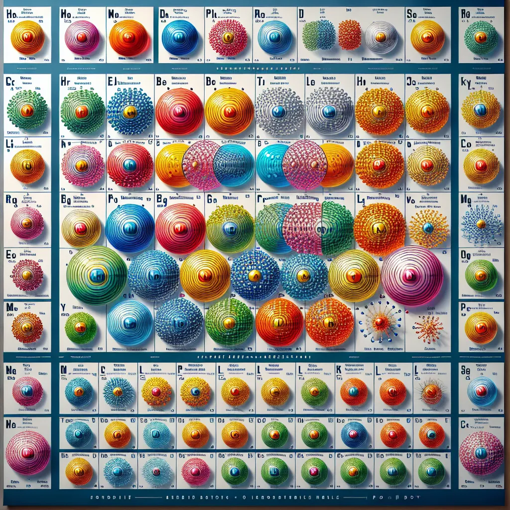 Illustration of the first 20 elements of the periodic table arranged in Bohr model style with colorful orbits and labeled element names and symbols.