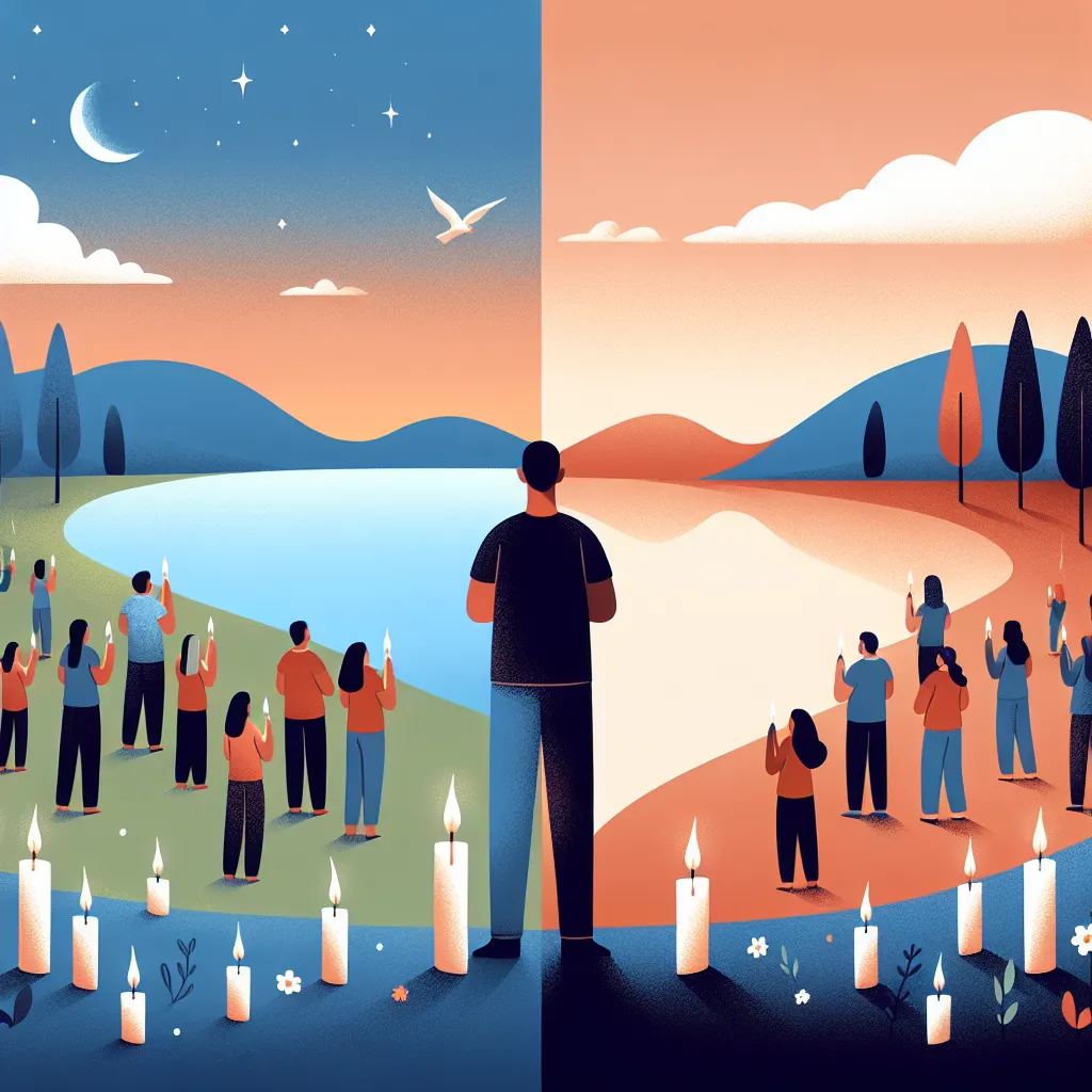 Illustration of a serene landscape with a split scene: one side showing a candlelight vigil for Columbine victims, symbolizing forgiveness and healing, and the other side depicting a person standing firm with arms crossed, representing the rejection of forgiveness.