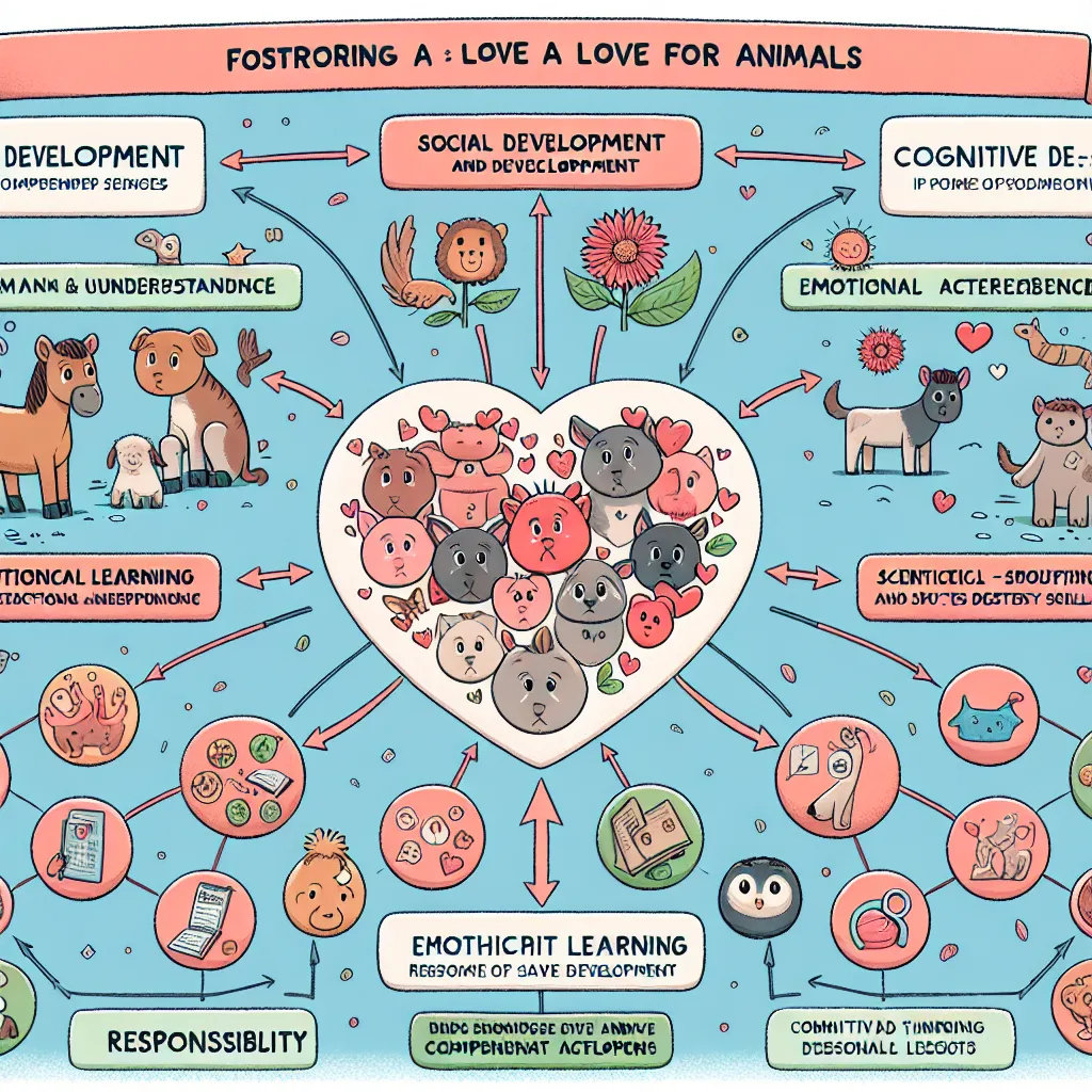 In fostering a love for animals in children, we cultivate several key development areas:

**Social Development:**
1. **Empathy and Understanding:** Exploring animal needs promotes empathy towards all beings.
2. **Responsibility:** Animal care teaches nurturing and responsible behavior.
3. **Social Skills:** Engaging with animals and other enthusiasts builds communication and cooperation skills.

**Emotional Development:**
1. **Emotional Intelligence:** Handling animals can enhance children's emo