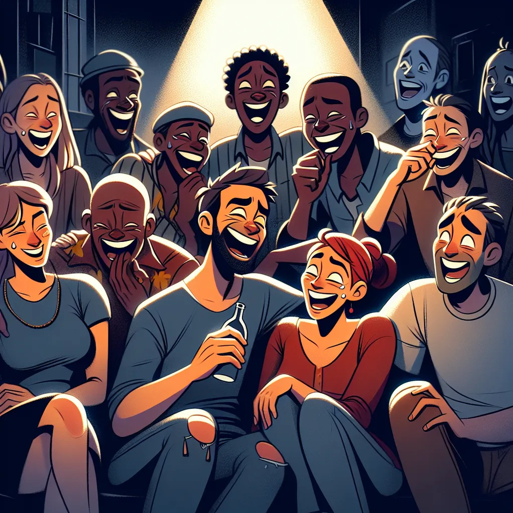 Illustration of a character in a dark, moody setting, sharing a light-hearted joke with friends, with contrasting expressions showing laughter and surprise, hinting at an upcoming twist.