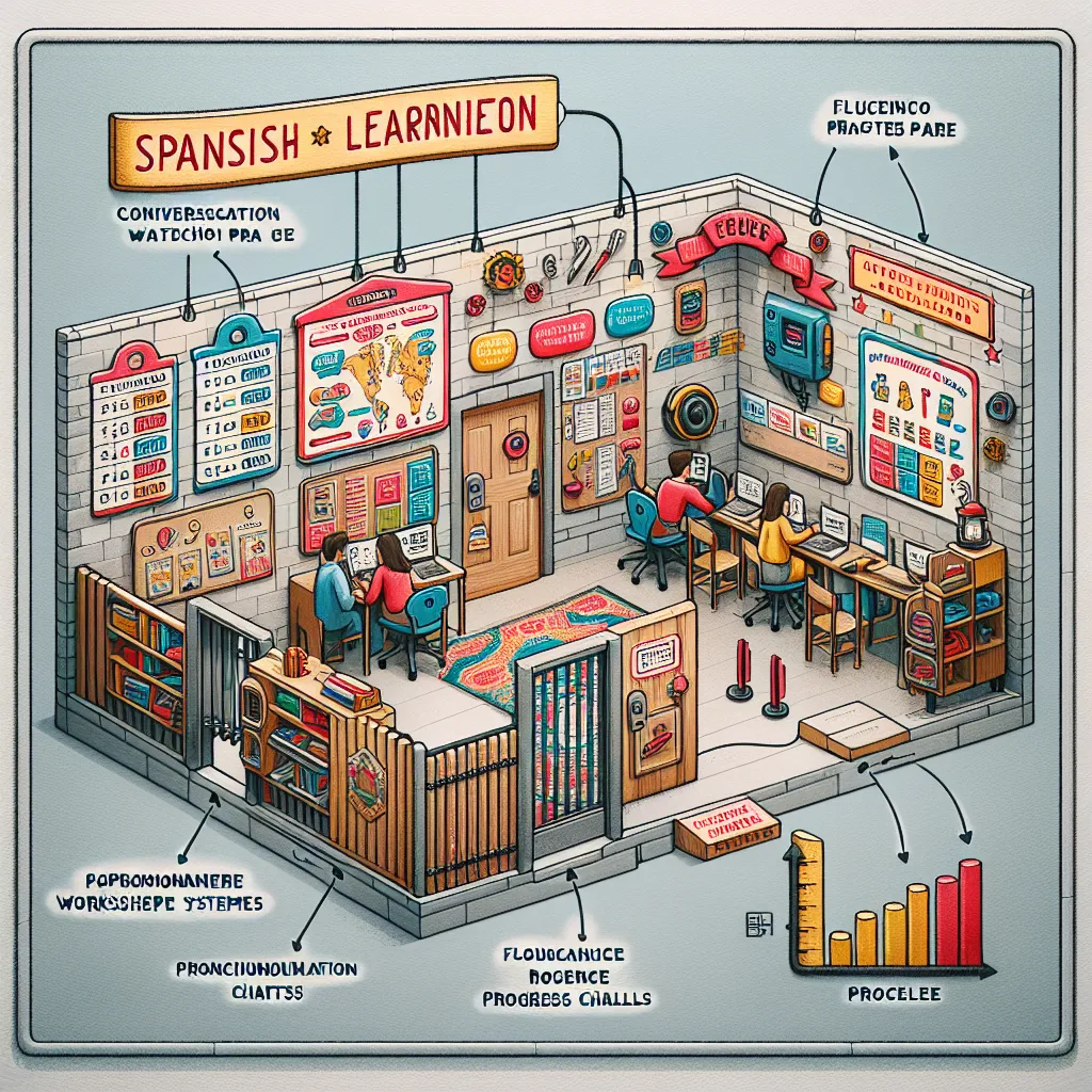 Visual representation of an immersive Spanish learning environment featuring interactive stations for conversation practice, a pronunciation workshop area with audio feedback systems, fluency progress charts displayed on walls, and a schedule for quick daily practice routines like vocabulary games and pronunciation drills.