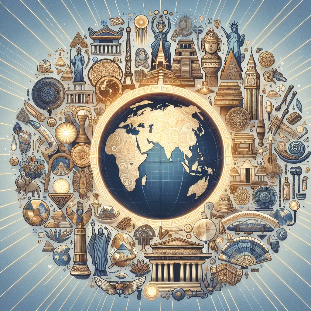 Illustration of a globe surrounded by diverse historical symbols, like ancient artifacts, modern buildings, and cultural representations, interconnected by thematic lines.
