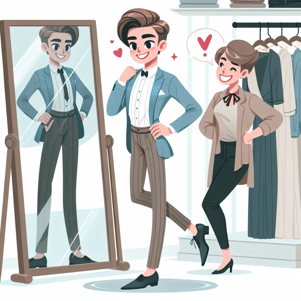 Cartoon-style illustration of a tall, slender young man dressed in women's clothing from a lingerie store, admiring his reflection in a mirror while a smiling sales assistant assists him.