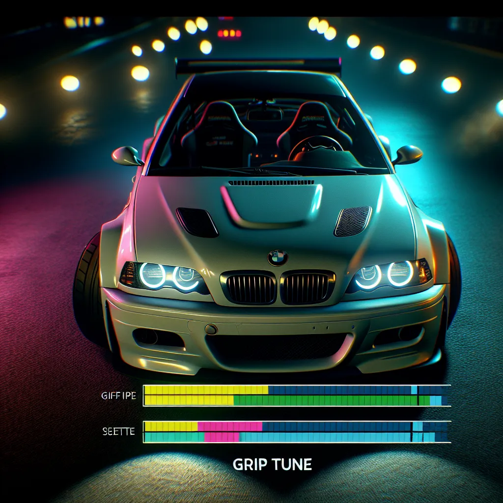Screenshot of an E46 M3 in Midnight Racing Roblox with highlighted grip tune settings displayed on the screen.