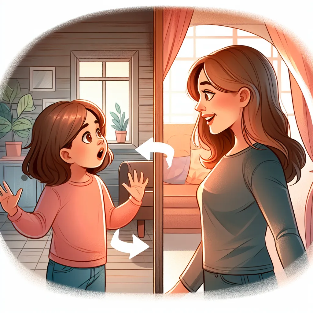 Ilustración de una madre y su hija, con expresiones sorprendidas, en un entorno acogedor, mientras intercambian miradas desde dentro de un hogar, simbolizando su cambio de cuerpo.