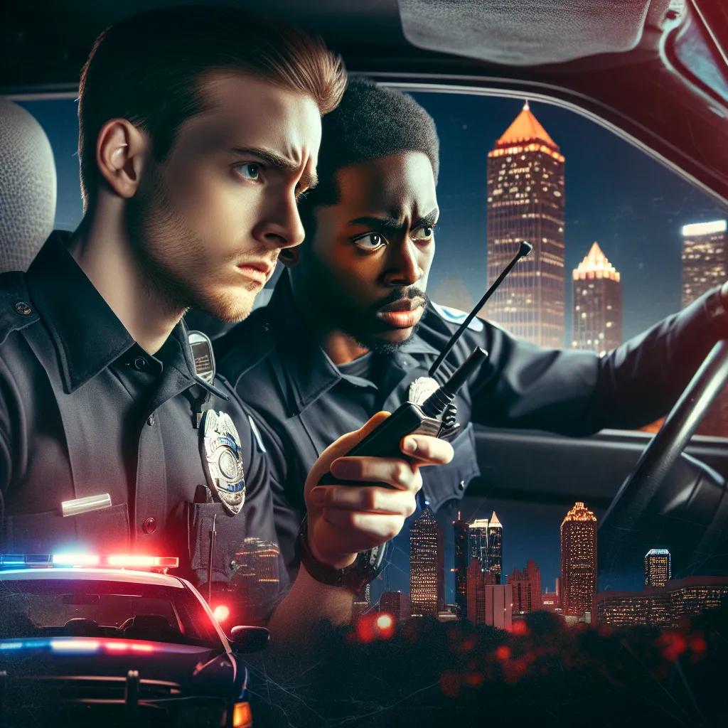 Image of two police officers inside a patrol car, focused on a radio with a serious expression. The background depicts a cityscape of Atlanta, Georgia, while emergency lights flash in the distance.