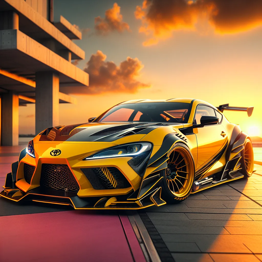Illustration of a 2026 Toyota GR86 Yuzu Edition parked in a sunset, showcasing its maxed-out sporty features and distinctive yellow accents.