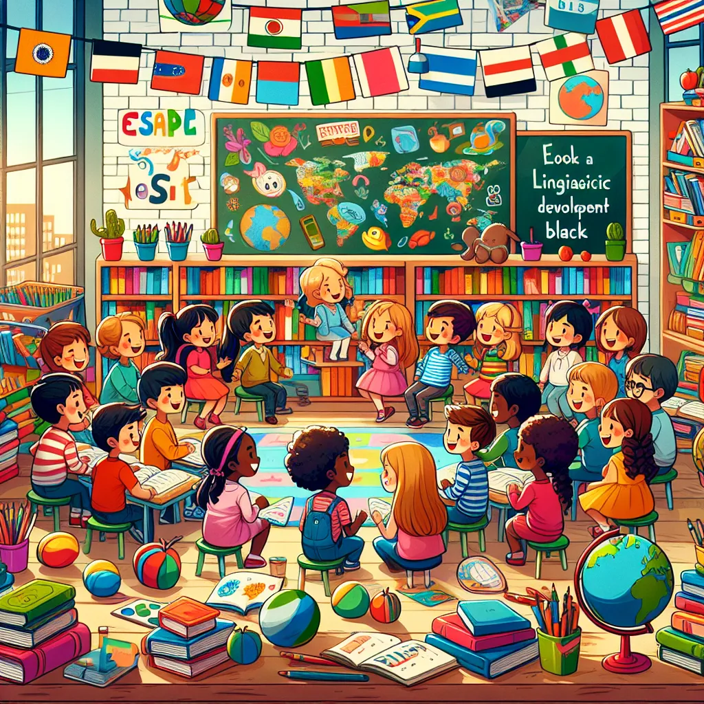 Illustration of a colorful classroom filled with books, arts, and educational posters, promoting language development among young students.